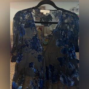 Lovestitch Blue Burnout Velvet Floral Front Tie Top